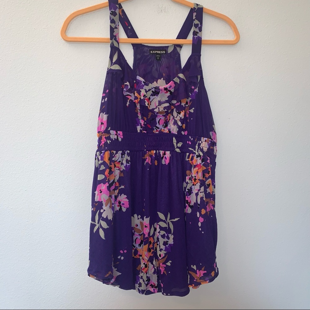 Express Floral Print Ruffle Mesh Overlay Sleeveless Top